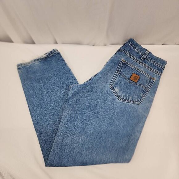 Carhartt Size 34 x 32 Men's Relaxed Fit Light Wash Blue Denim Jeans U - Picture 7 of 8